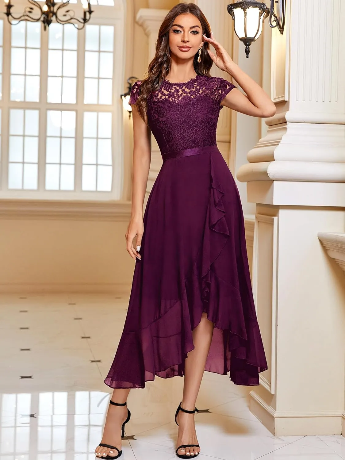 Miusol Women's Retro Lace Contrast Chiffon Ruffle Evening Maxi Dress