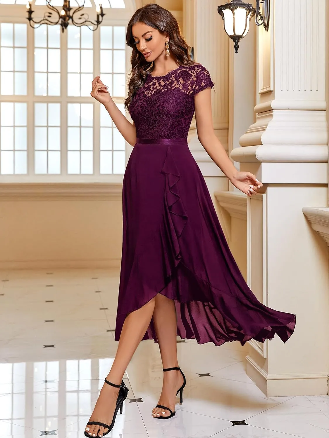 Miusol Women's Retro Lace Contrast Chiffon Ruffle Evening Maxi Dress