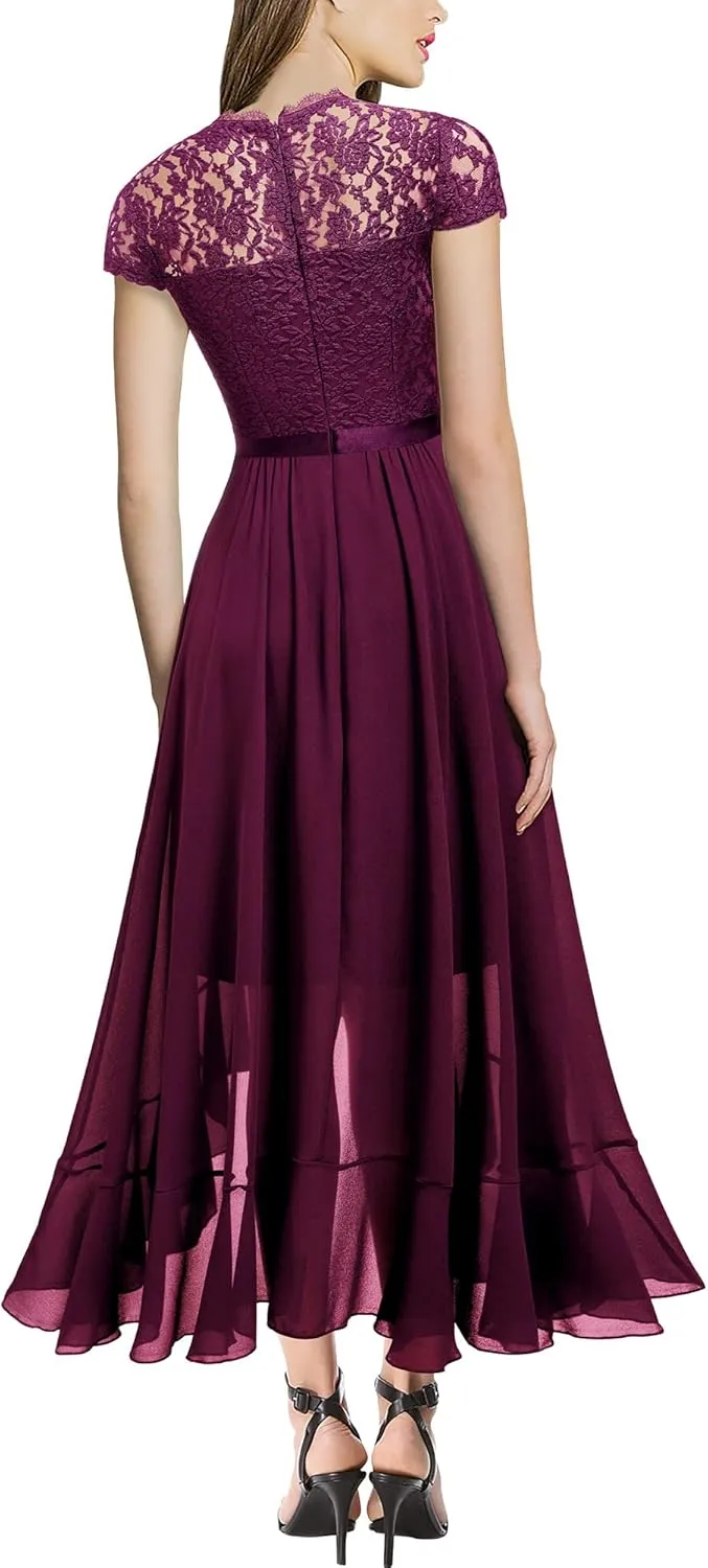 Miusol Women's Retro Lace Contrast Chiffon Ruffle Evening Maxi Dress