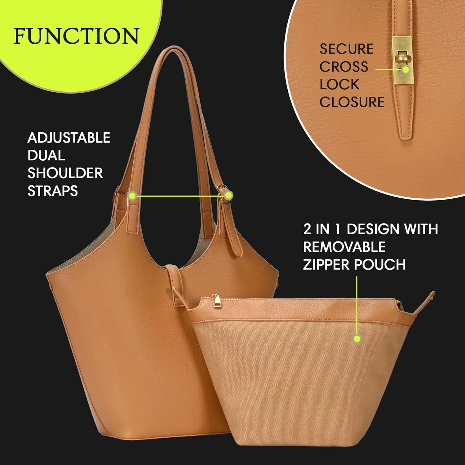 Miztique - Isabelle 2 in 1 Scoop Neck Tote | Vegan Leather Tote Bag for women with secure removable zipper pouch|