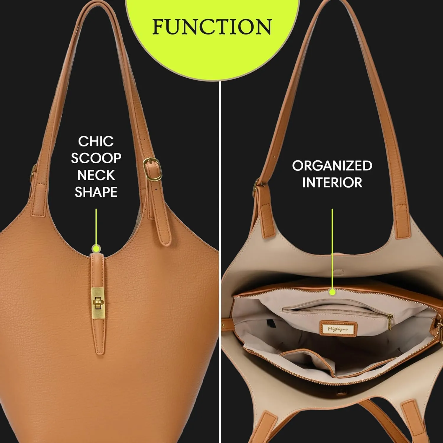 Miztique - Isabelle 2 in 1 Scoop Neck Tote | Vegan Leather Tote Bag for women with secure removable zipper pouch|