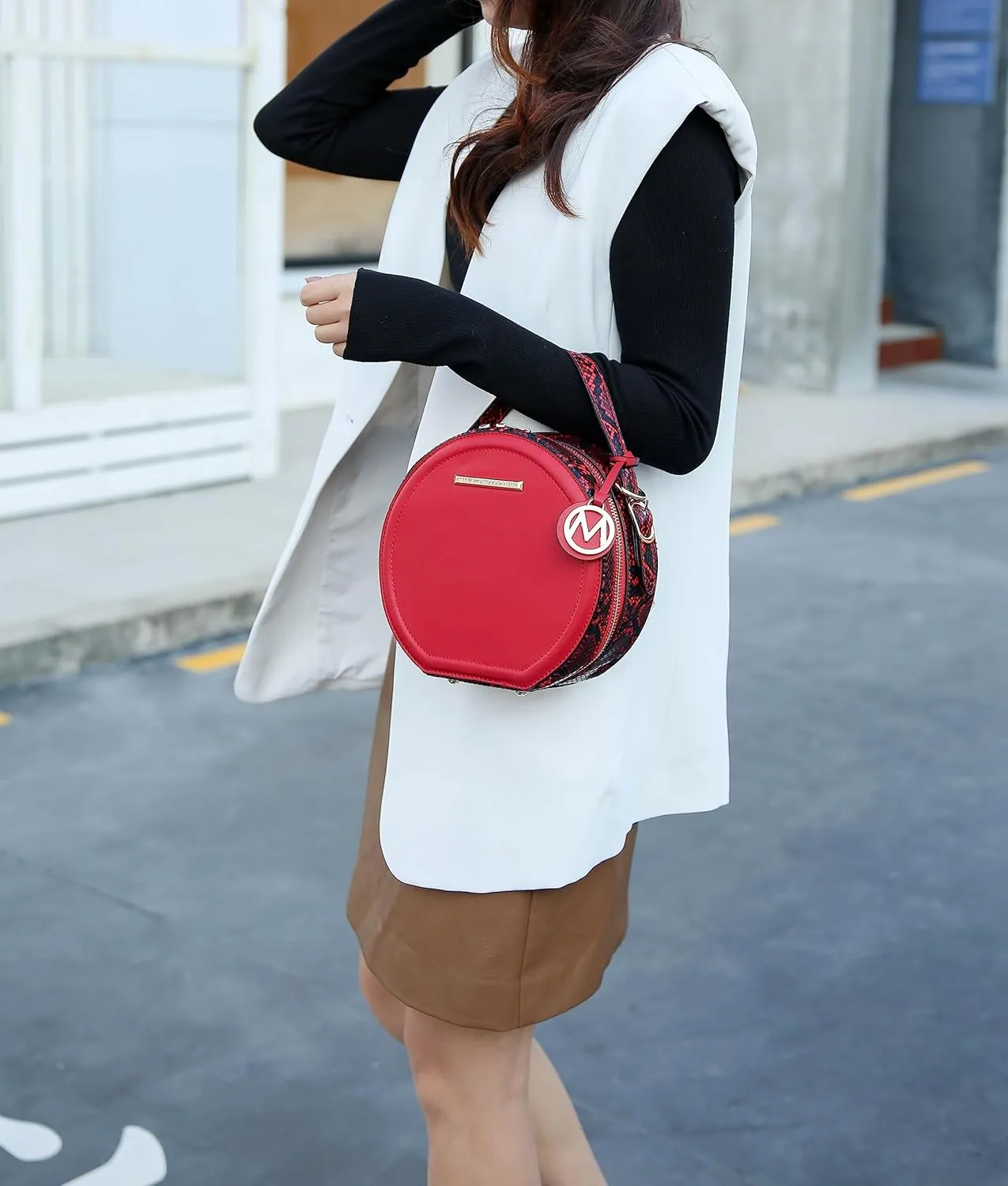 MKF Collection Round Bag for Women, Vegan Leather Circle Crossbody Bag Shoulder Purse by Mia K
