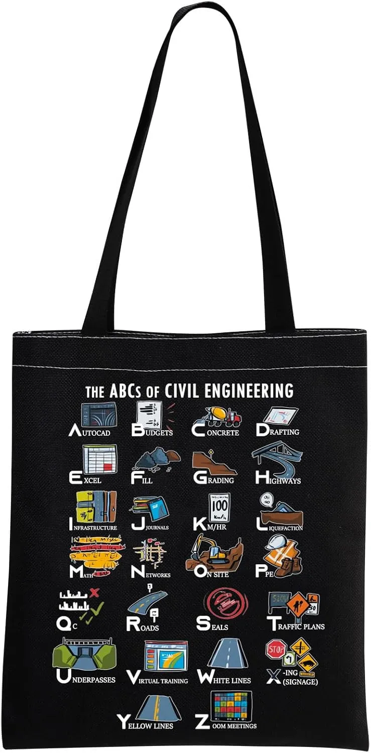 MNIGIU Civil Engineer Alphabet Tote Bag - The ABC's of Civil Engineering - Female Engineer Gift - Engineering Graduation