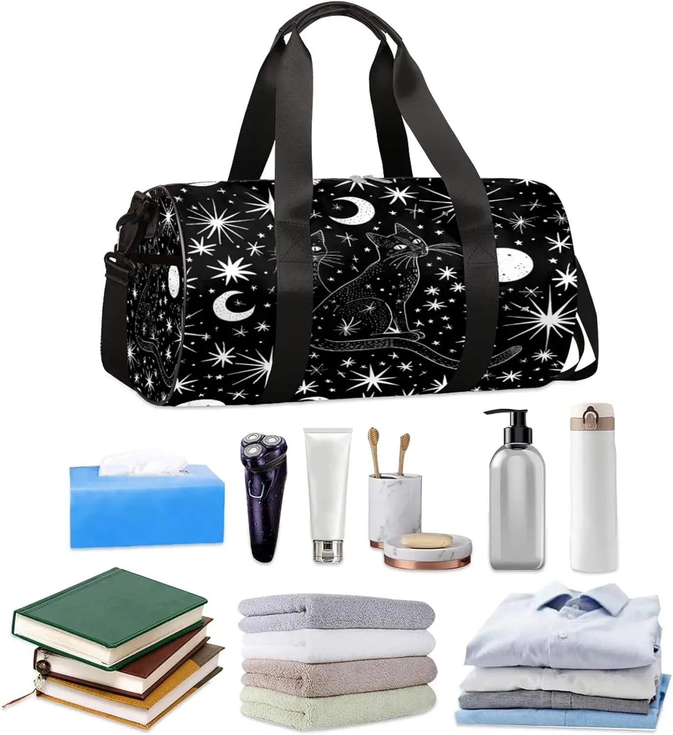 Moon Cat Star Sports Gym Bag for Men Women Lightweight Travel Duffle Bag with Shoulder Strap Waterproof Carry On Weekender Overnight Bag for Travel Sports Gym