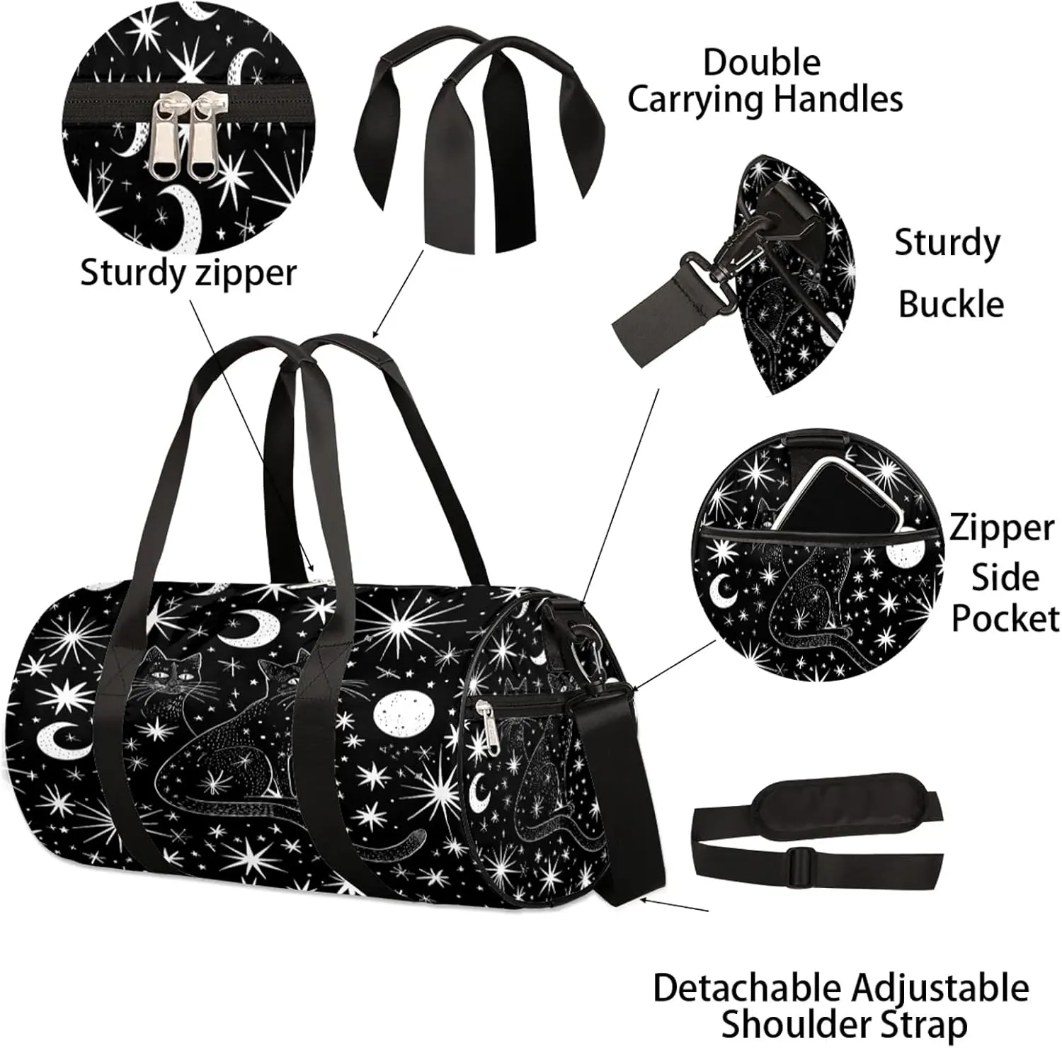 Moon Cat Star Sports Gym Bag for Men Women Lightweight Travel Duffle Bag with Shoulder Strap Waterproof Carry On Weekender Overnight Bag for Travel Sports Gym