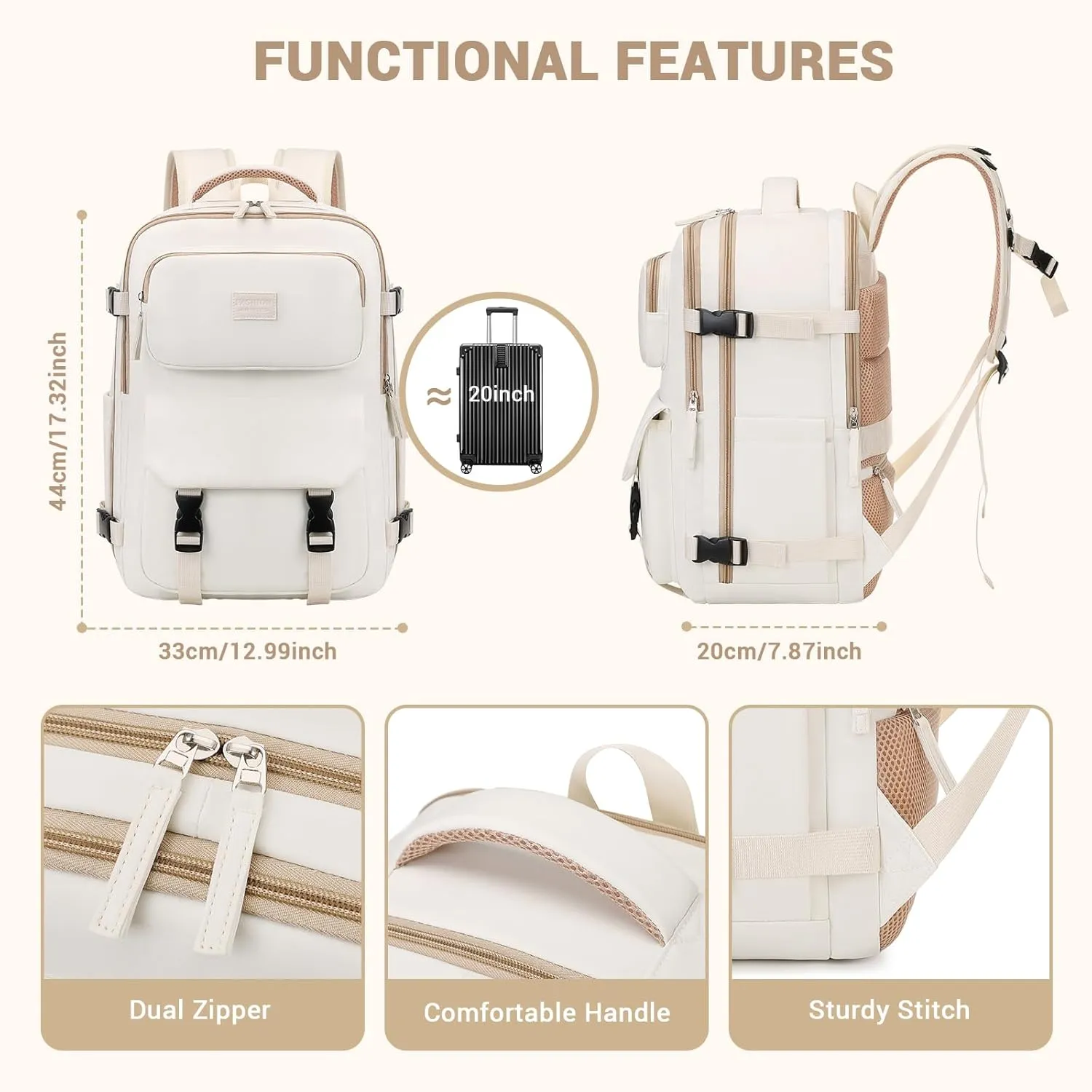 MOONBABY Travel Backpack for Women Men Carry On Flight Approved 3pcs Set Personal Item Travel Bag With Luggage Strap