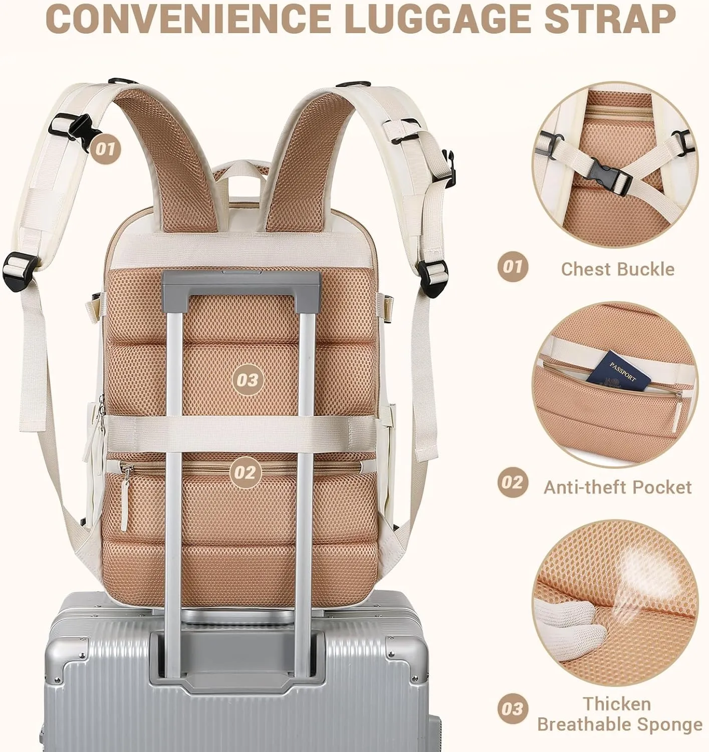 MOONBABY Travel Backpack for Women Men Carry On Flight Approved 3pcs Set Personal Item Travel Bag With Luggage Strap