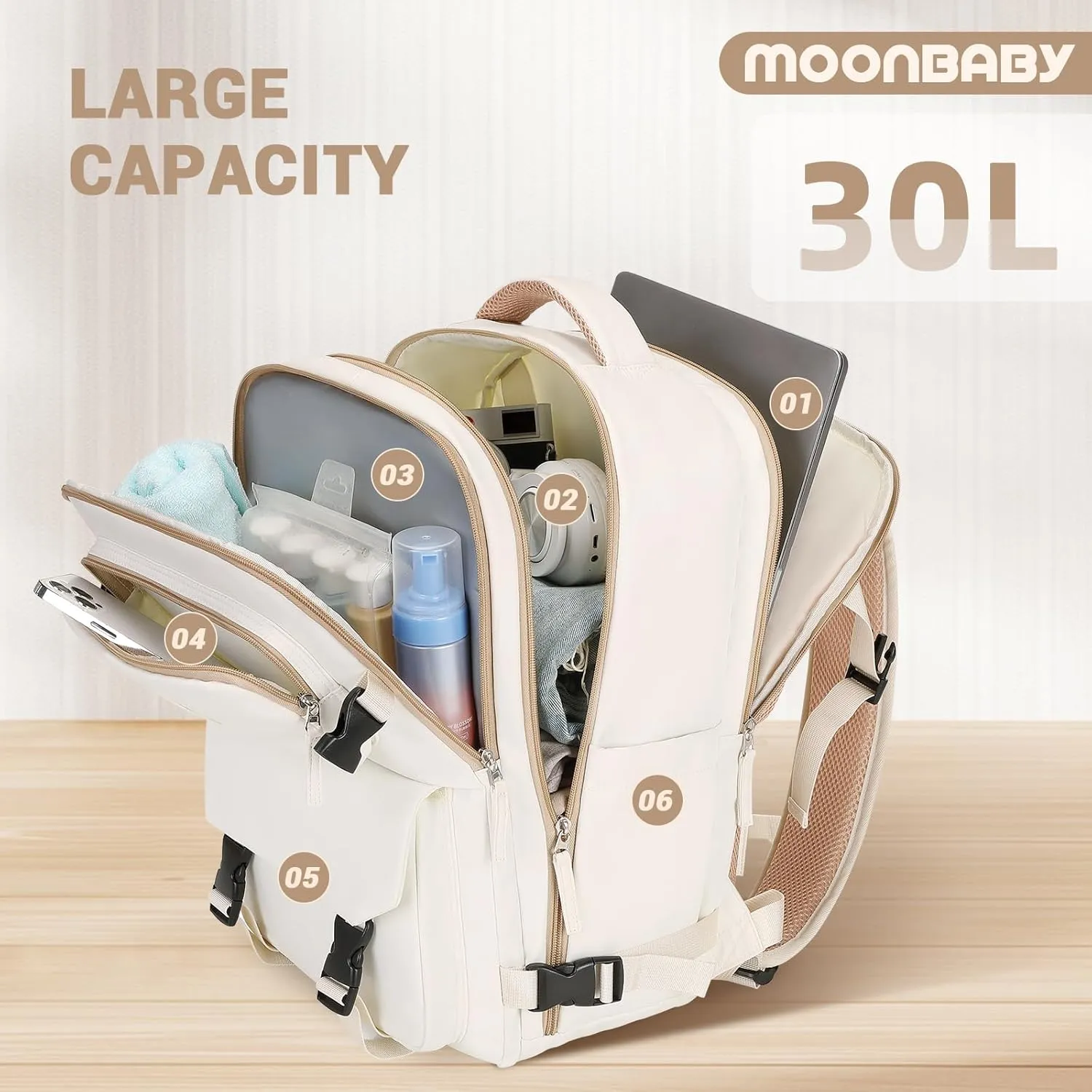 MOONBABY Travel Backpack for Women Men Carry On Flight Approved 3pcs Set Personal Item Travel Bag With Luggage Strap