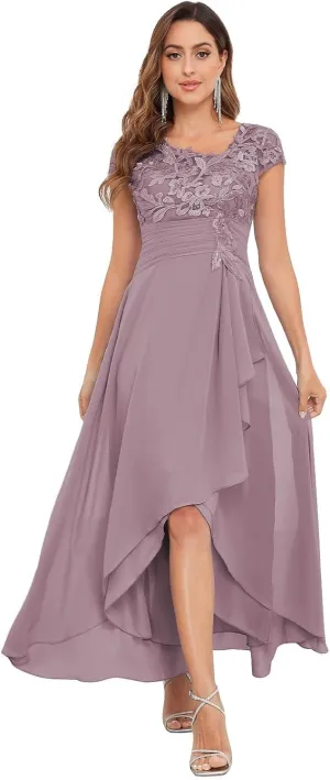 Mother of The Bride Dresses Chiffon Short Sleeve with Tea Length A-line Lace Applique Formal Evening Gown