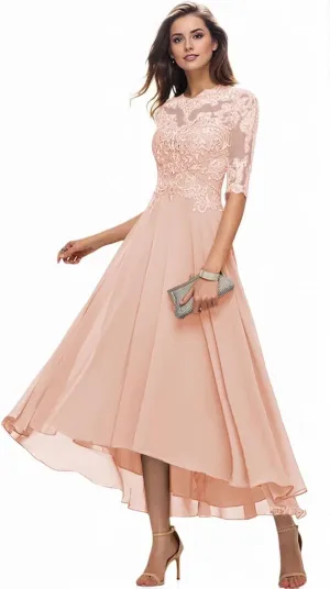 Mother of The Bride Dresses for Wedding 1/2 Sleeves High Low Chiffon Scoop Neck Formal Evening Dresses
