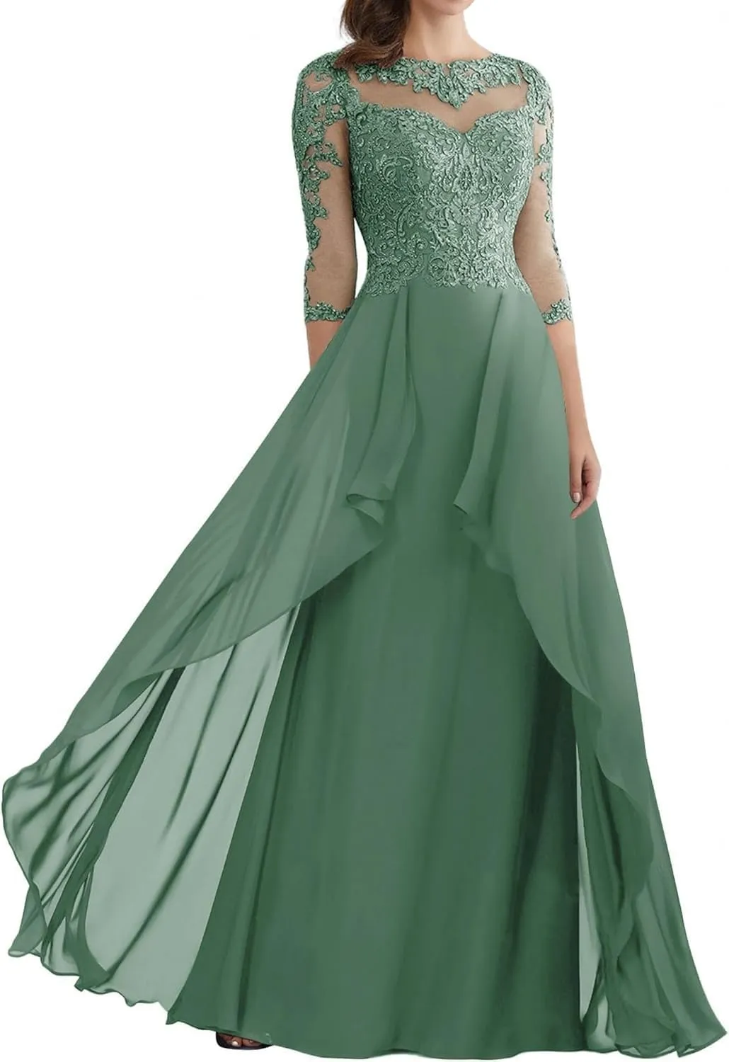 Mother of The Bride Dresses for Wedding A Line Half Sleeve Long Chiffon Lace Appliques Formal Evening Dress