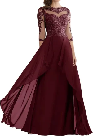 Mother of The Bride Dresses for Wedding A Line Half Sleeve Long Chiffon Lace Appliques Formal Evening Dress