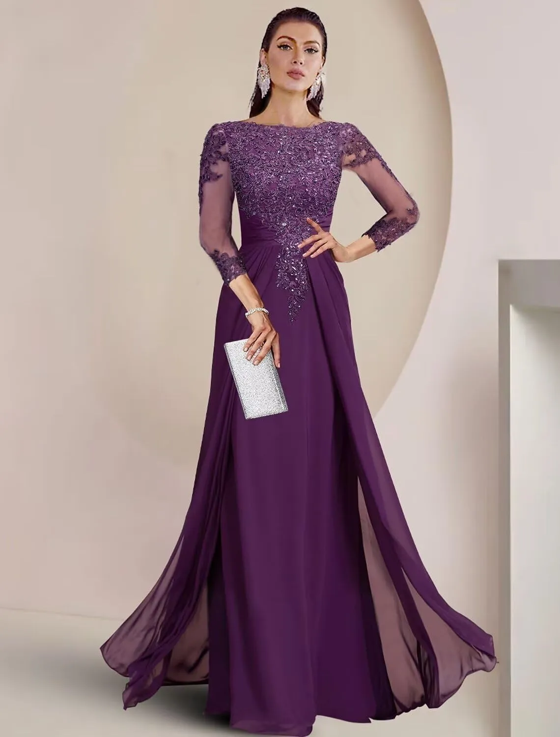 Mother of The Bride Dresses for Wedding A Line V Neck 3/4 Sleeve Long Chiffon Lace Sequin Formal Evening Dress