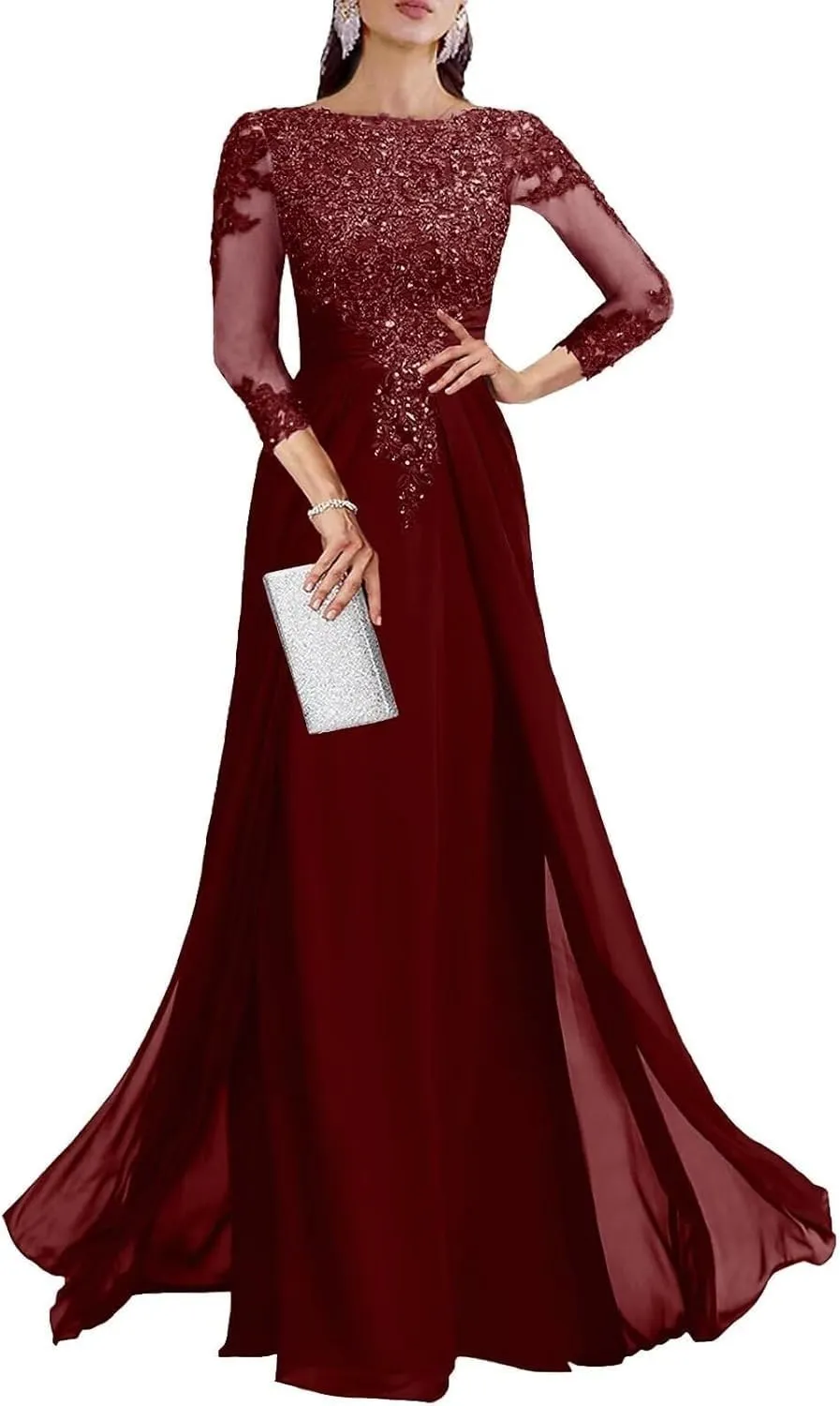 Mother of The Bride Dresses for Wedding A Line V Neck 3/4 Sleeve Long Chiffon Lace Sequin Formal Evening Dress