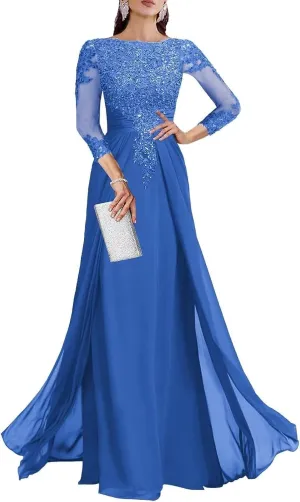 Mother of The Bride Dresses for Wedding A Line V Neck 3/4 Sleeve Long Chiffon Lace Sequin Formal Evening Dress