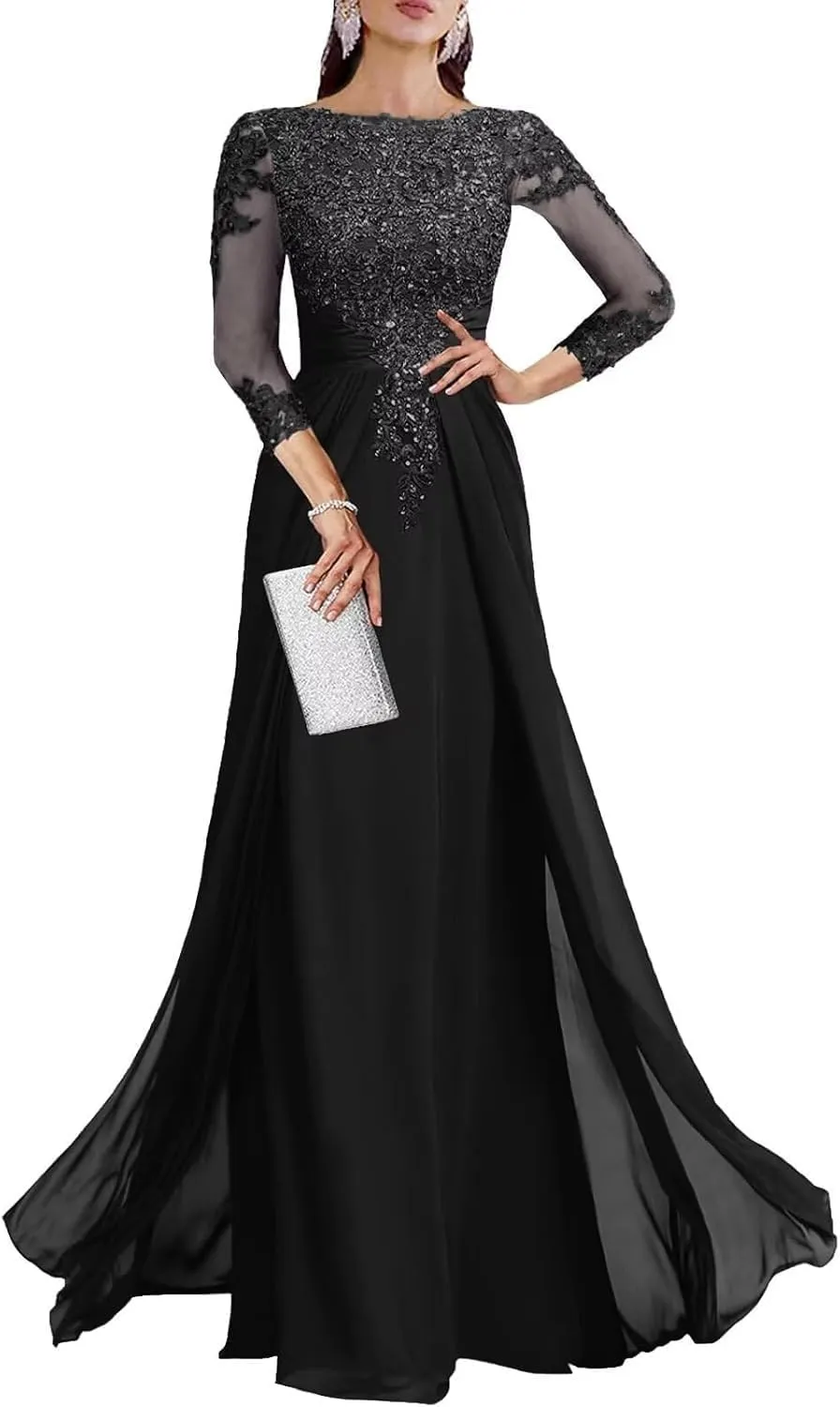 Mother of The Bride Dresses for Wedding A Line V Neck 3/4 Sleeve Long Chiffon Lace Sequin Formal Evening Dress