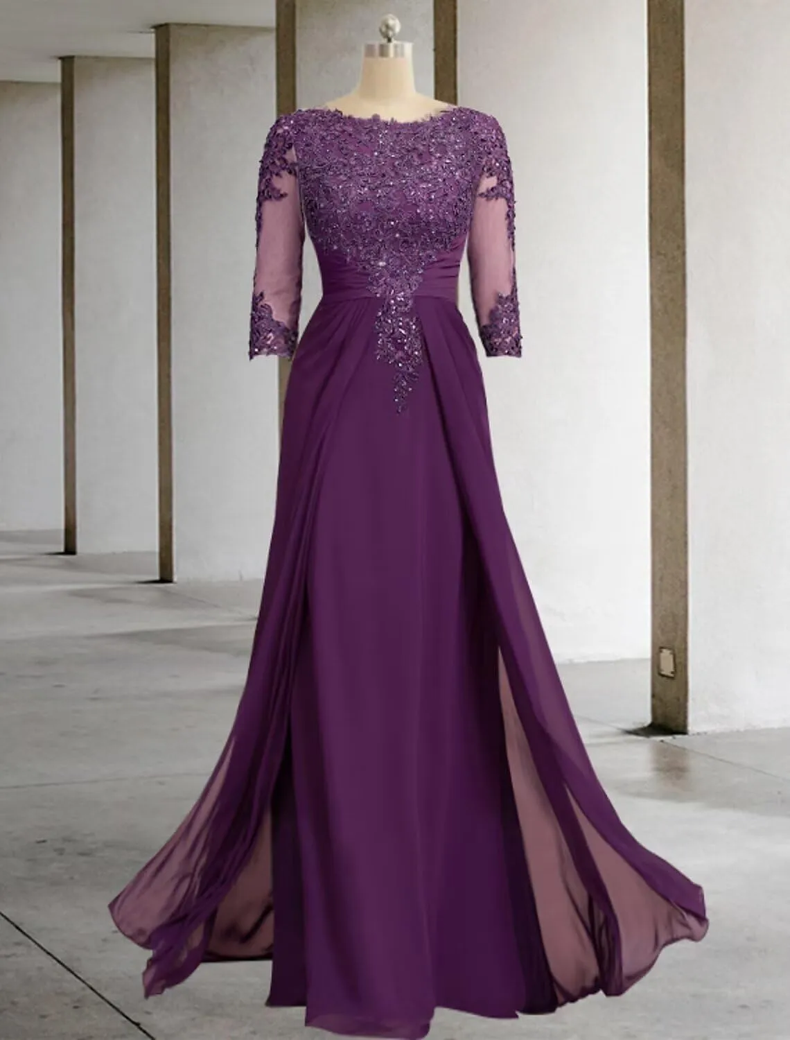 Mother of The Bride Dresses for Wedding A Line V Neck 3/4 Sleeve Long Chiffon Lace Sequin Formal Evening Dress
