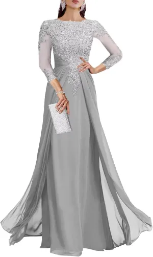 Mother of The Bride Dresses for Wedding A Line V Neck 3/4 Sleeve Long Chiffon Lace Sequin Formal Evening Dress