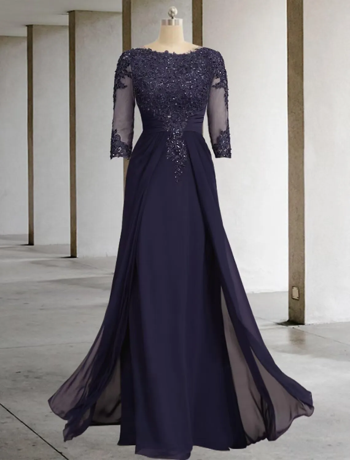 Mother of The Bride Dresses for Wedding A Line V Neck 3/4 Sleeve Long Chiffon Lace Sequin Formal Evening Dress
