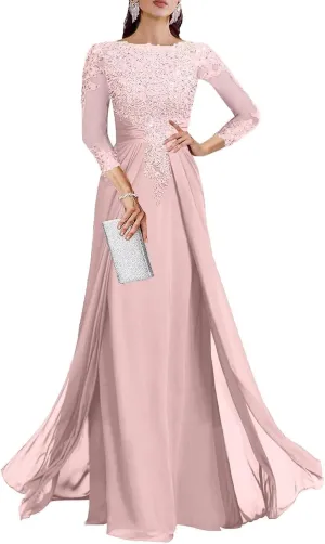 Mother of The Bride Dresses for Wedding A Line V Neck 3/4 Sleeve Long Chiffon Lace Sequin Formal Evening Dress