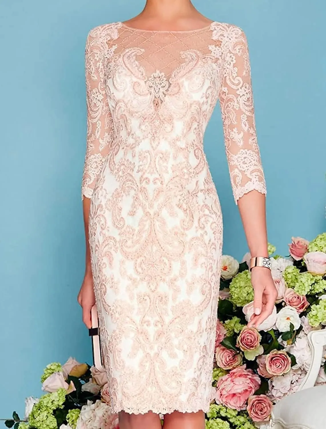 Mother of The Bride Dresses for Wedding Lace Knee Length Chiffon Gowns Dress 3/4 Length Sleeve Lace Formal Dresses