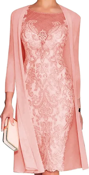 Mother of The Bride Dresses for Wedding Lace Knee Length Chiffon Gowns Dress 3/4 Length Sleeve Lace Formal Dresses