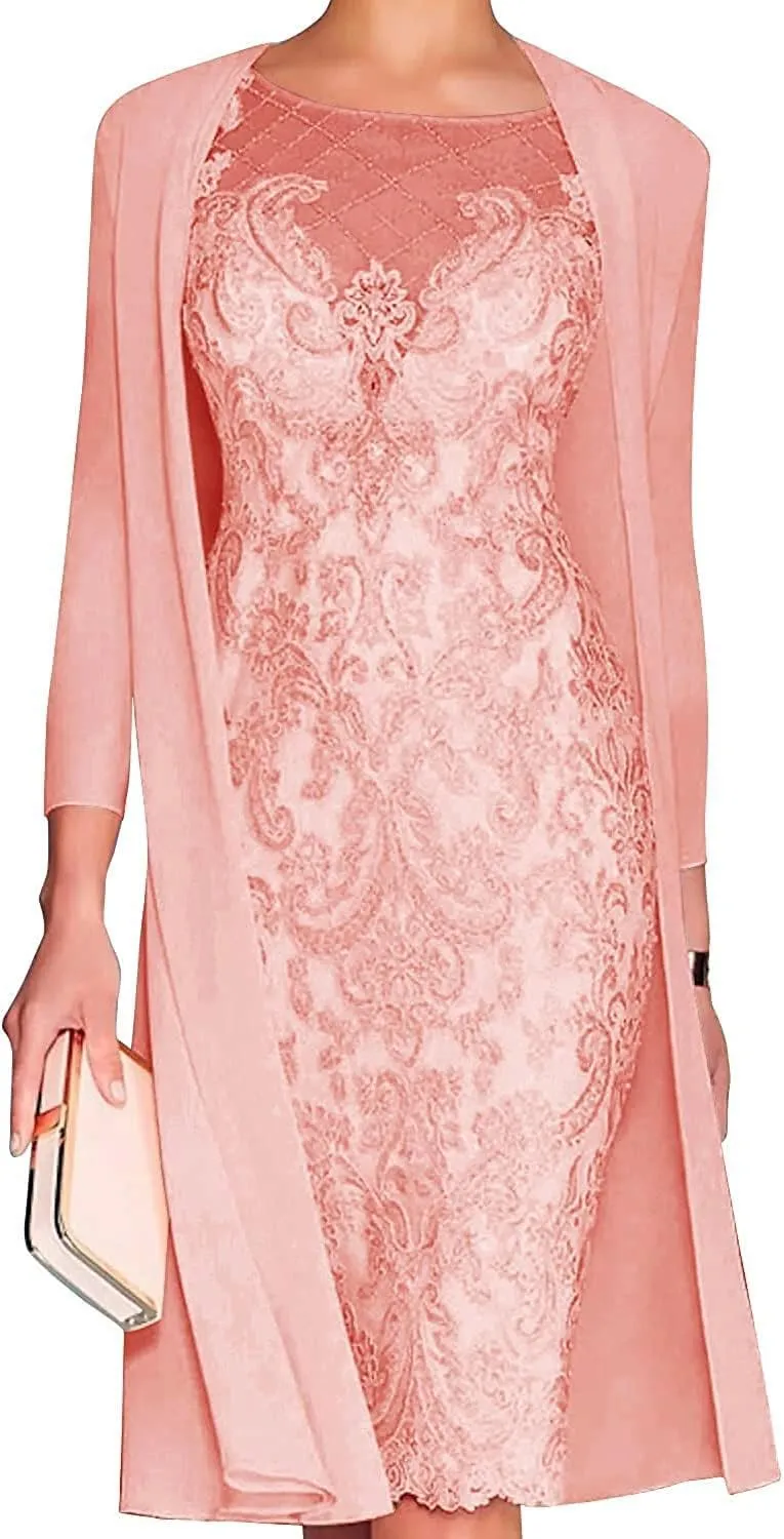 Mother of The Bride Dresses for Wedding Lace Knee Length Chiffon Gowns Dress 3/4 Length Sleeve Lace Formal Dresses