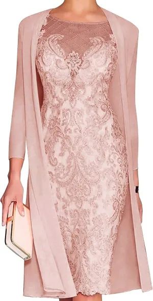 Mother of The Bride Dresses for Wedding Lace Knee Length Chiffon Gowns Dress 3/4 Length Sleeve Lace Formal Dresses