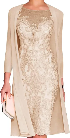 Mother of The Bride Dresses for Wedding Lace Knee Length Chiffon Gowns Dress 3/4 Length Sleeve Lace Formal Dresses