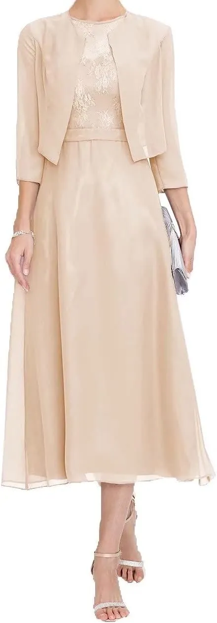 Mother of The Bride Dresses for Women Elegant Two Piece Tea Length Formal Evening Dress with Jacket