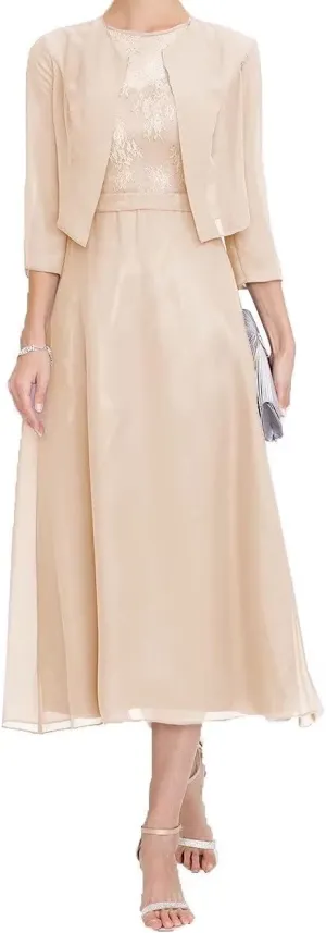 Mother of The Bride Dresses for Women Elegant Two Piece Tea Length Formal Evening Dress with Jacket
