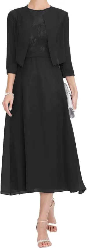 Mother of The Bride Dresses for Women Elegant Two Piece Tea Length Formal Evening Dress with Jacket