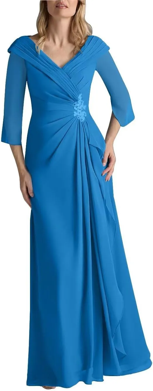 Mother of The Bride Dresses for Women V Neck Half Sleeves Chiffon A-line Long Formal Wedding Dresses 2025