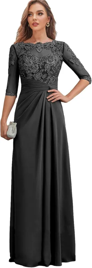 Mother of The Bride Dresses Long Chiffon Lace Wedding Guest Dresses for Women Ruched Formal Evening Gown Prom Dress