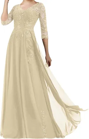 Mother of The Bride Dresses Long Evening Formal Dress V Neck Wedding Guest Groom Dress Beaded Lace Applique 3/4 Sleeve