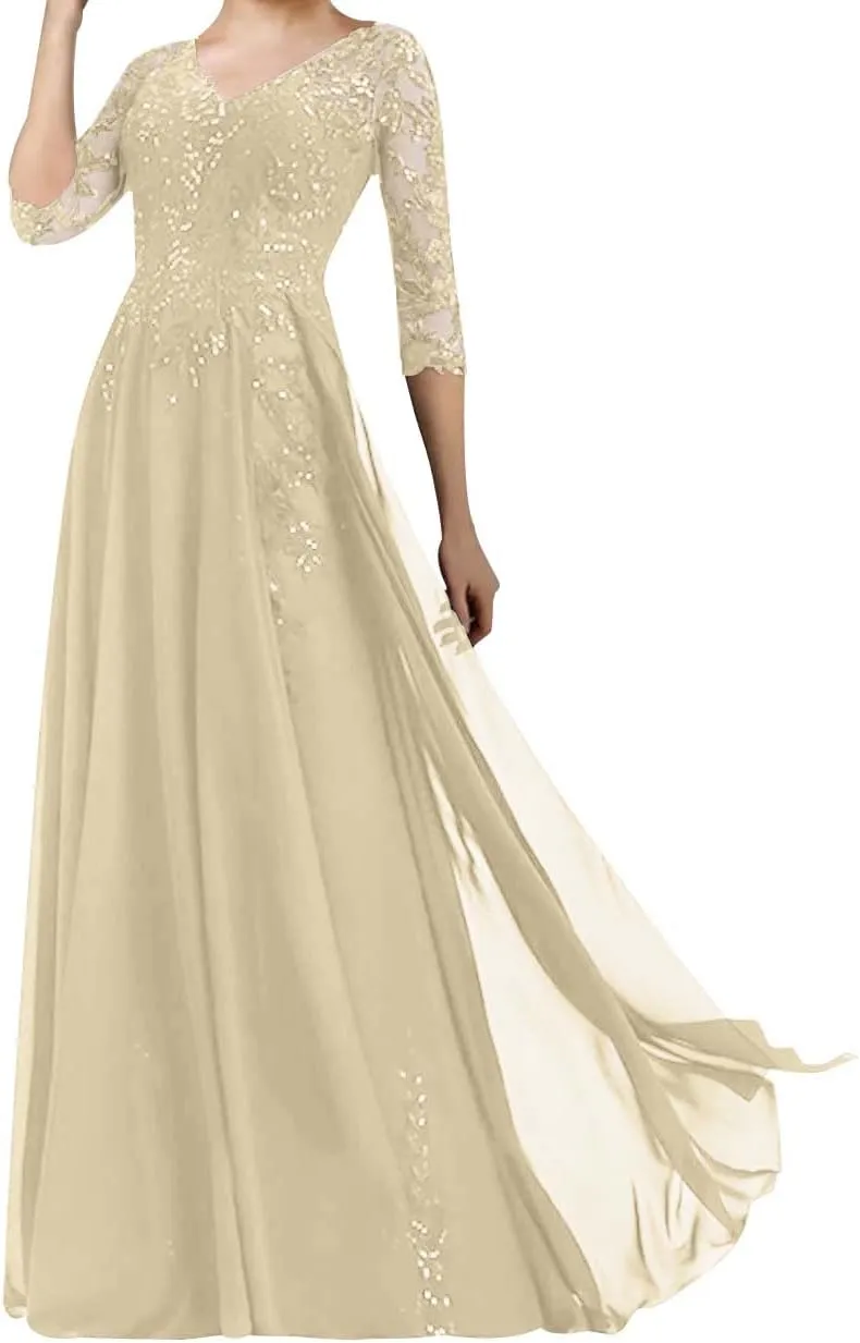 Mother of The Bride Dresses Long Evening Formal Dress V Neck Wedding Guest Groom Dress Beaded Lace Applique 3/4 Sleeve