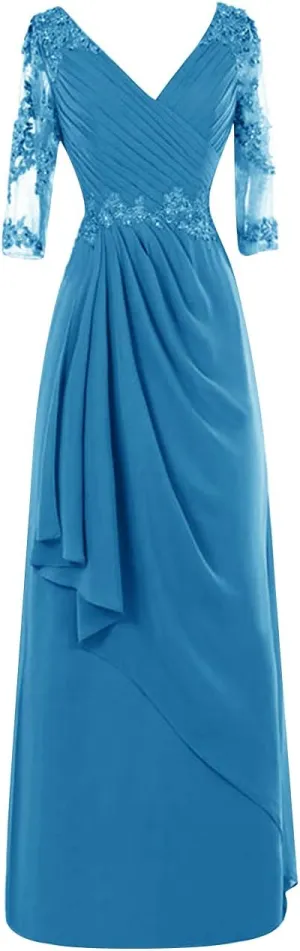 Mother of The Bride Dresses Long Evening Formal Gowns Lace Applique Wedding Guest Groom Beaded Ruffles 3/4 Sleeve Women