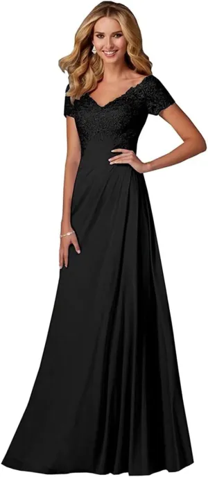 Mother of The Bride Dresses Long Laces Appliques V-Neck Cap Sleeve Pleat Formal Evening Gowns