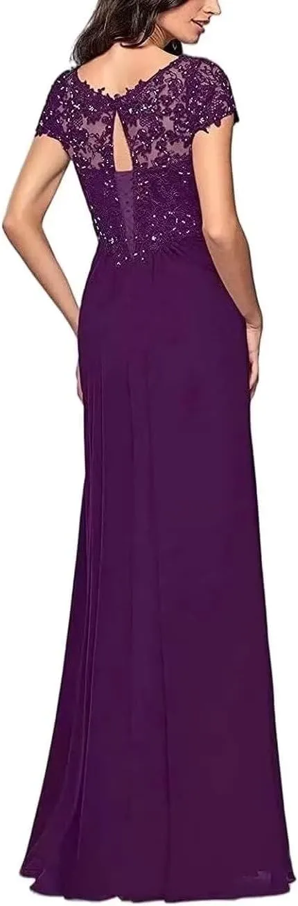Mother of The Bride Dresses Long Laces Appliques V-Neck Cap Sleeve Pleat Formal Evening Gowns