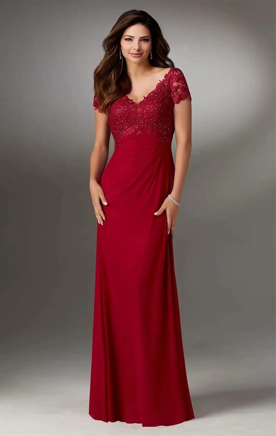 Mother of The Bride Dresses Long Laces Appliques V-Neck Cap Sleeve Pleat Formal Evening Gowns