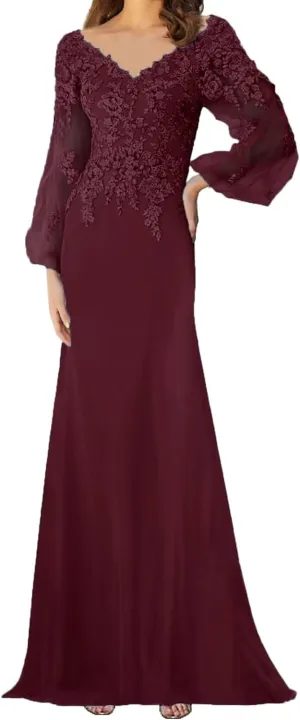 Mother of The Bride Dresses Long Sleeves Formal Evening Gowns Laces Appliques Wedding Party V-Neck Prom Dress