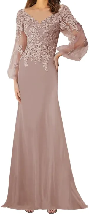 Mother of The Bride Dresses Long Sleeves Formal Evening Gowns Laces Appliques Wedding Party V-Neck Prom Dress