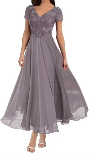 Mother of The Bride Dresses Tea Length Lace Appliques Chiffon Short Sleeve V Neck Formal Evening Dresses for Women