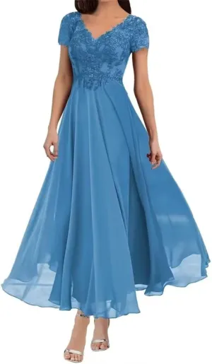 Mother of The Bride Dresses Tea Length Lace Appliques Chiffon Short Sleeve V Neck Formal Evening Dresses for Women