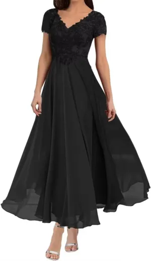 Mother of The Bride Dresses Tea Length Lace Appliques Chiffon Short Sleeve V Neck Formal Evening Dresses for Women
