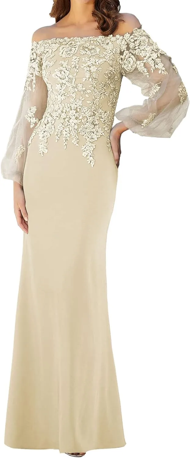 Mother of The Bride Dresses with Sleeves Formal Evening Gowns Lace Appliques Long Wedding Party Prom Dress