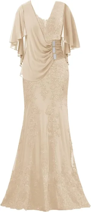 Mother of The Bride Dresses with Sleeves Long Evening Formal Party Dresses Lace Appliques Prom Dress