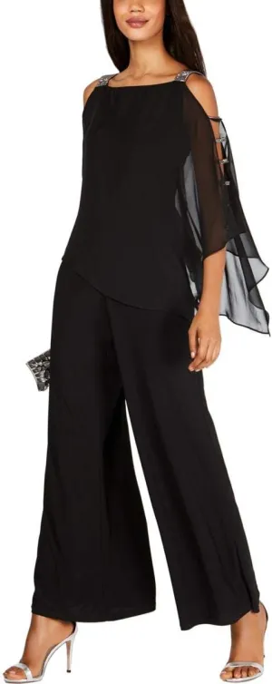 MSK Women's Silver Bar Sleeve Wide Leg Jumpsuit with Chiffon Overlay, Black Gunmetal, X-Large