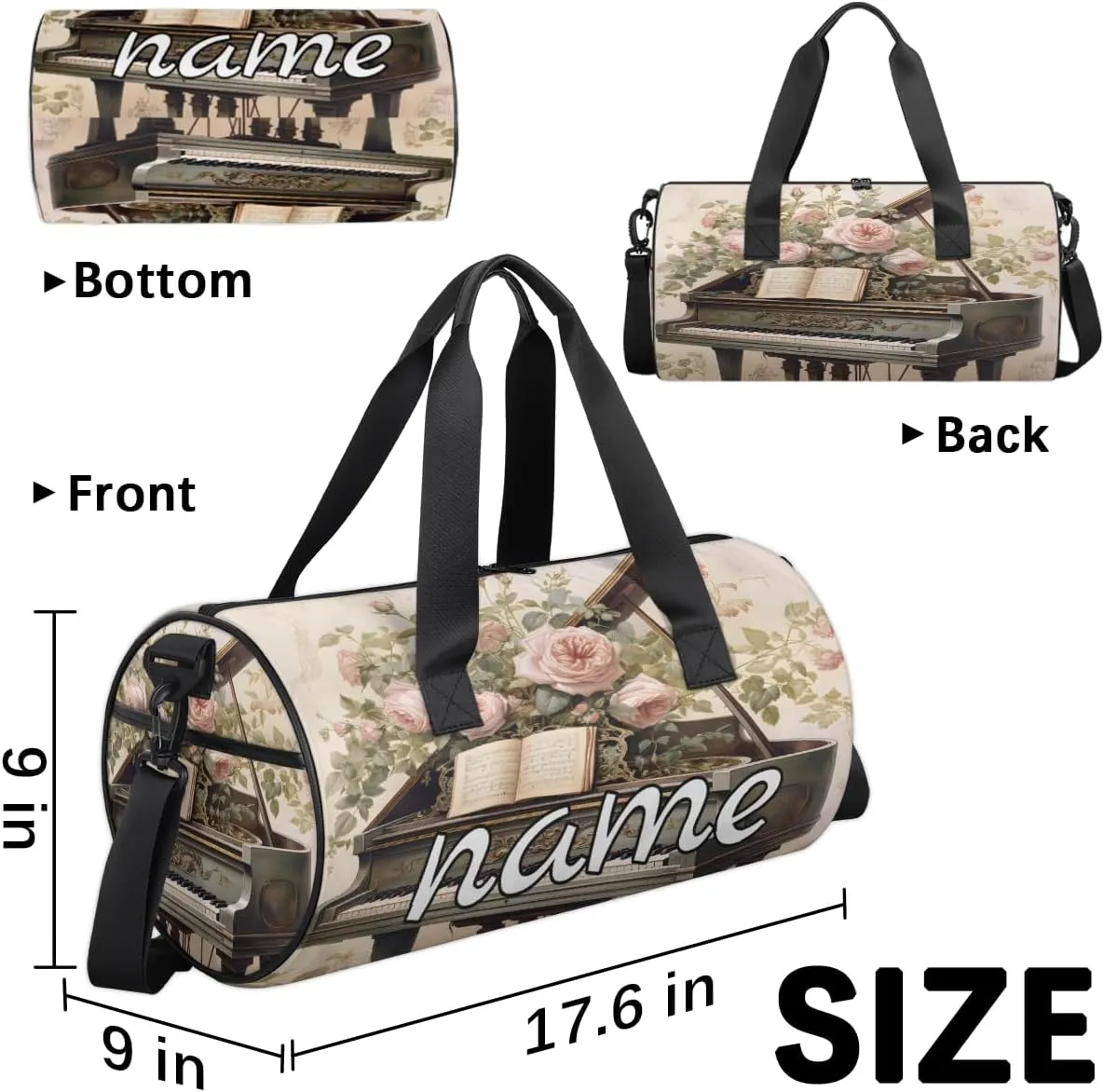 Music Piano Floral Print Personalized Dance Bags, Music Piano Floral Print Custom Sport Duffel Bag Travel Duffle Bag Overnight Weekender Bag