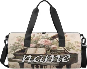 Music Piano Floral Print Personalized Dance Bags, Music Piano Floral Print Custom Sport Duffel Bag Travel Duffle Bag Overnight Weekender Bag